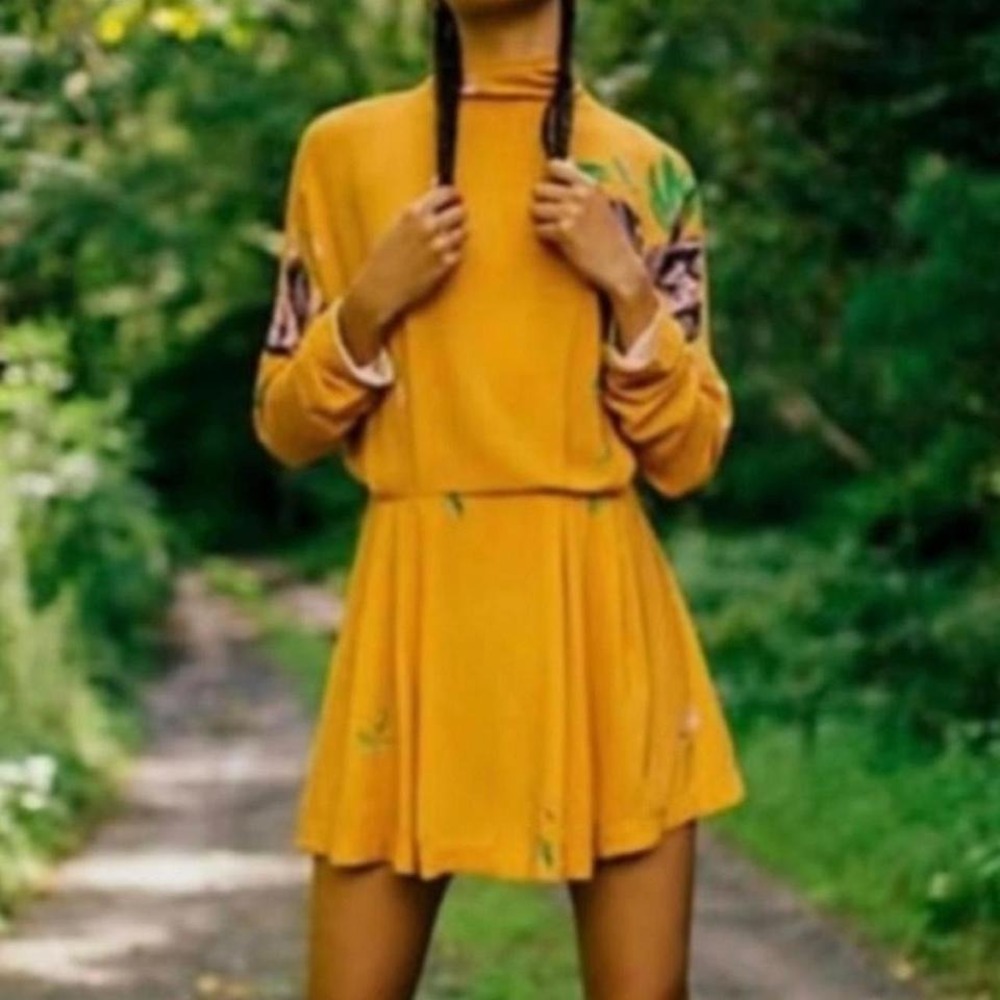 Free People Mustard Yellow Floral Print Long Sleeve Mini Dress